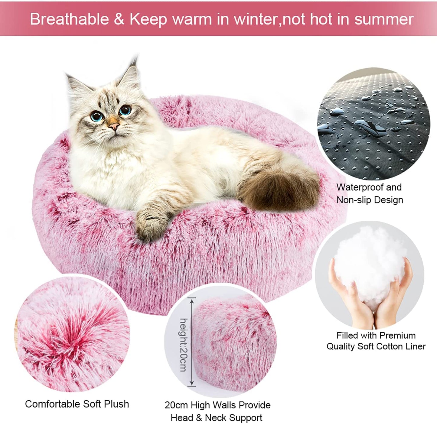 hAWSON Round Thick Dog Bed, Warm Cat Bed with Laundry Bag, Non-Slip Waterproof Bottom, Pink (20"/23"/27.5")