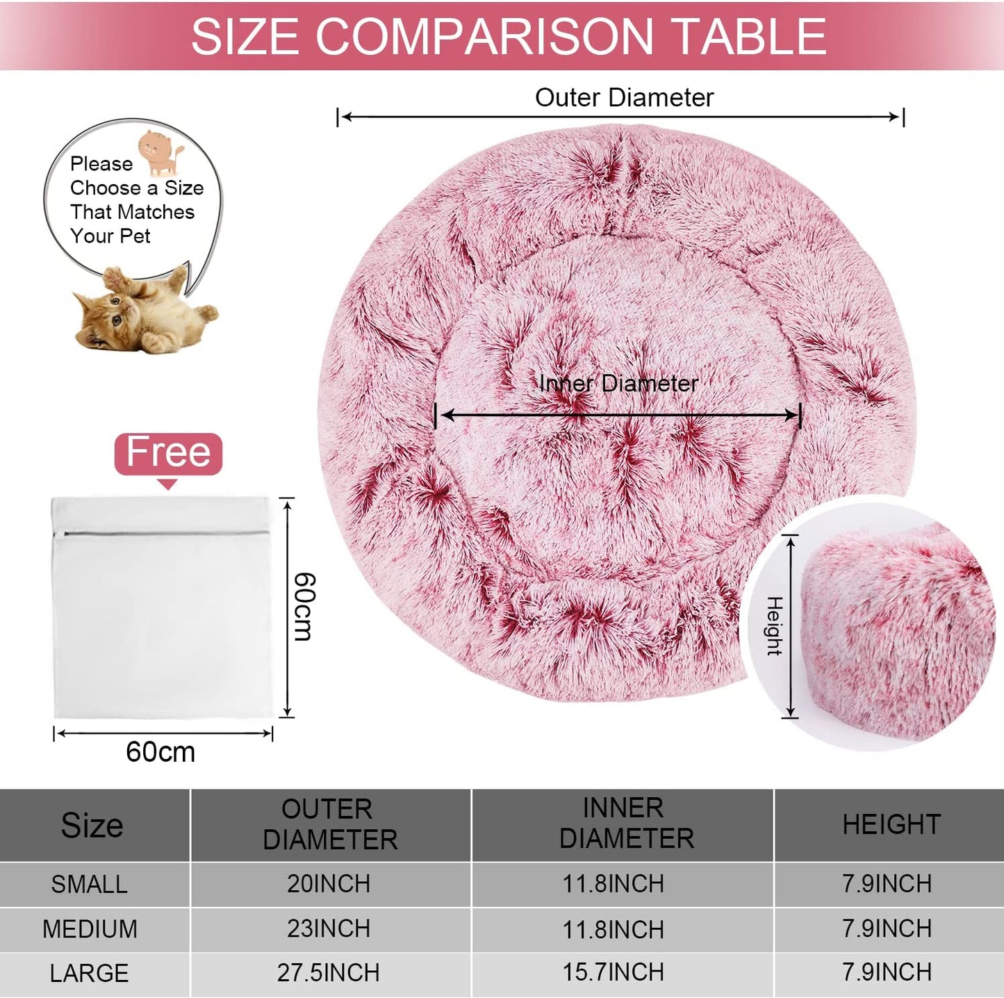 hAWSON Round Thick Dog Bed, Warm Cat Bed with Laundry Bag, Non-Slip Waterproof Bottom, Pink (20"/23"/27.5")